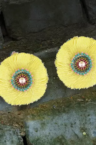 Women yellow stone-studded beads circular earrings