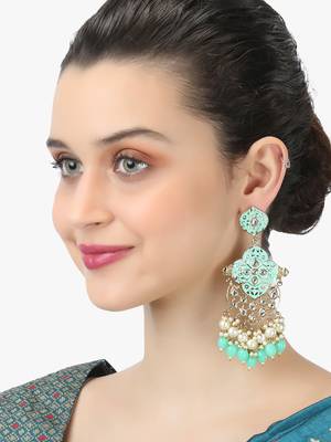 24ct gold-plated & stone-studded mint enameld with pearls contemporary drop earrings 3