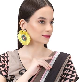 Women yellow stone-studded beads circular earrings 3