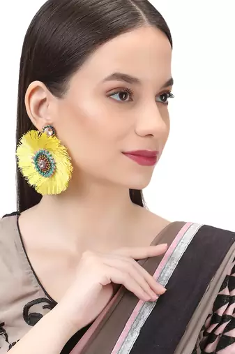 Women yellow stone-studded beads circular earrings