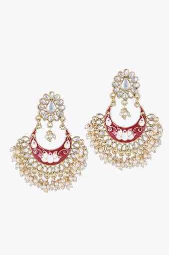 24ct gold-plated & stone-studded red enameld with pearls lotus chandbalis earrings