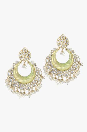 24ct gold-plated & stone-studded enameld with pearls yellow chandbalis earrings