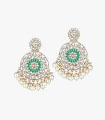 24ct gold-plated & stone-studded green enameld with pearls circular shaped contemporary earrings