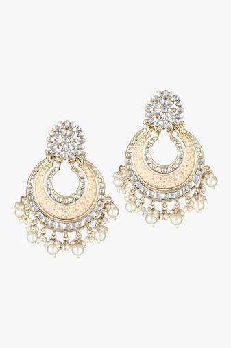 24ct gold-plated & stone-studded peach enameld with pearls contemporary chandbalis earrings