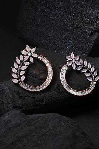 Women pink stone rose gold-plated flower stud earrings