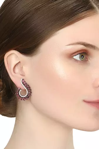 Rhodium plated handcrafted cz pink stone earrings
