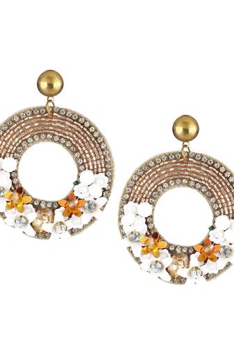 Women white and gold flower with stone-studded circular earrings