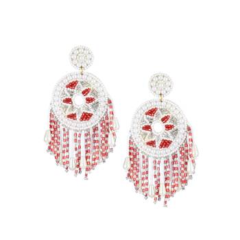 Women white and red stone-studded circular drop earrings 1