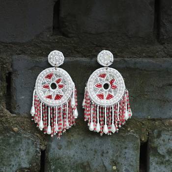 Women white and red stone-studded circular drop earrings 2
