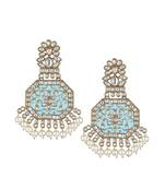 Gold plated women sky blue stone-studded geometric drop earing