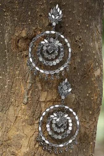 handcrafted mirror work circular drop earrings