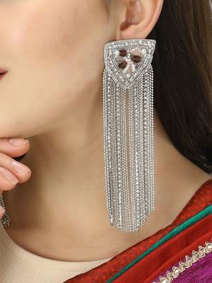 Rhodium-plated stone chain drop earrings 2