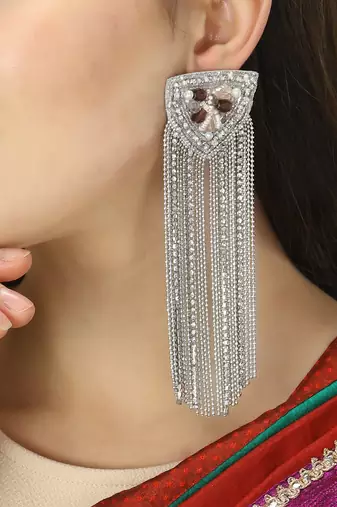 Rhodium-plated stone chain drop earrings