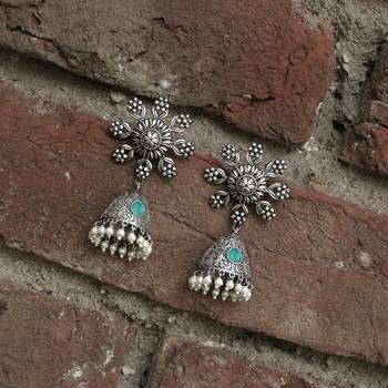 Women silver-plated handcrafted green dome shaped jhumkas 1