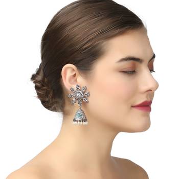 Women silver-plated handcrafted green dome shaped jhumkas 2