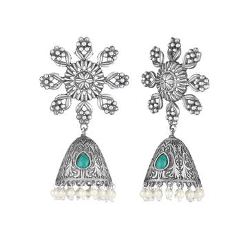 Women silver-plated handcrafted green dome shaped jhumkas 3