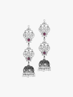 Oxidised silver plated & maroon stone -studded dome shaped jhumki 1