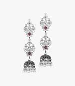 Oxidised silver plated & maroon stone -studded dome shaped jhumki