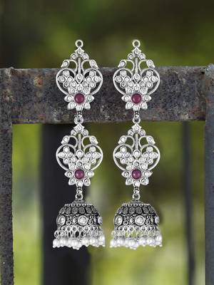 Oxidised silver plated & maroon stone -studded dome shaped jhumki 2