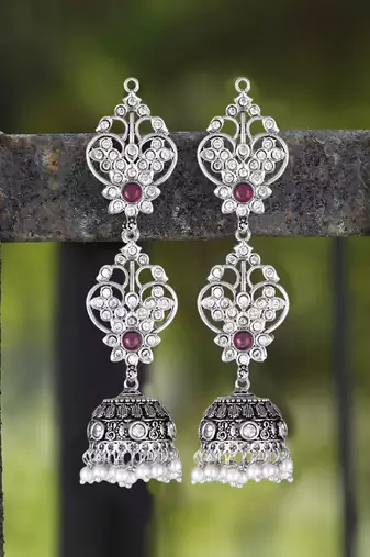 Oxidised silver plated & maroon stone -studded dome shaped jhumki