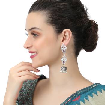 Oxidised silver plated & maroon stone -studded dome shaped jhumki 3