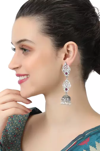 Oxidised silver plated & maroon stone -studded dome shaped jhumki