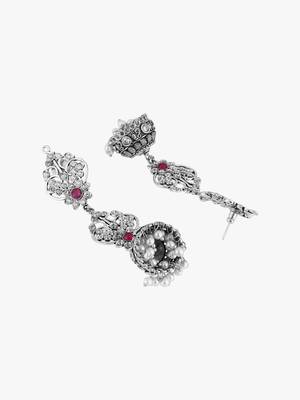 Oxidised silver plated & maroon stone -studded dome shaped jhumki 4