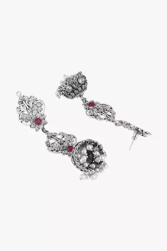 Oxidised silver plated & maroon stone -studded dome shaped jhumki