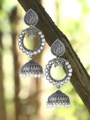 Oxidised silver plated & white stone -studded dome shaped jhumki 2