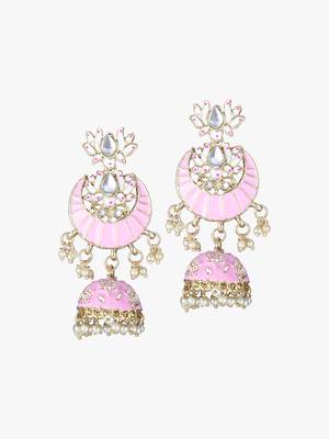 24ct gold plated stone-studded baby pink enamelled with pearls flower shapped contemporary jhumka 1