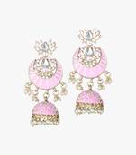 24ct gold plated stone-studded baby pink enamelled with pearls flower shapped contemporary jhumka