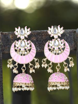 24ct gold plated stone-studded baby pink enamelled with pearls flower shapped contemporary jhumka 2