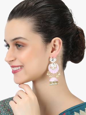 24ct gold plated stone-studded baby pink enamelled with pearls flower shapped contemporary jhumka 3
