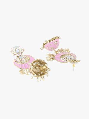 24ct gold plated stone-studded baby pink enamelled with pearls flower shapped contemporary jhumka 4