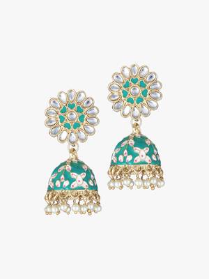 24ct gold plated kundan studded green enamelled with white pearls contemporary jhumka 1