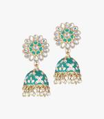 24ct gold plated kundan studded green enamelled with white pearls contemporary jhumka