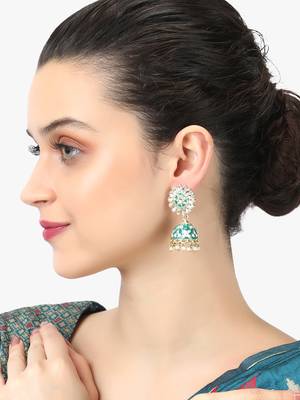 24ct gold plated kundan studded green enamelled with white pearls contemporary jhumka 2