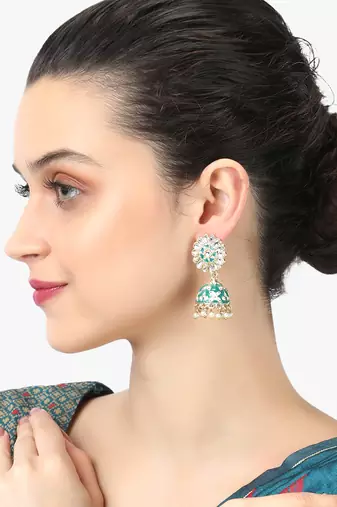 24ct gold plated kundan studded green enamelled with white pearls contemporary jhumka