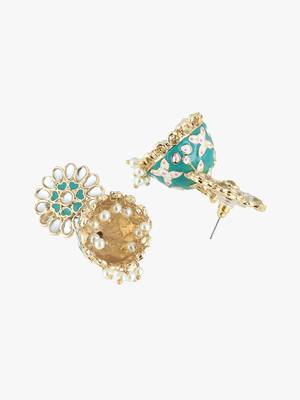 24ct gold plated kundan studded green enamelled with white pearls contemporary jhumka 3