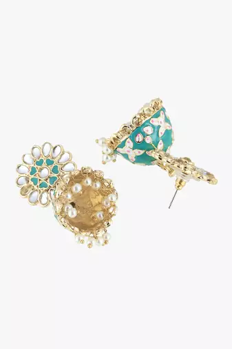 24ct gold plated kundan studded green enamelled with white pearls contemporary jhumka