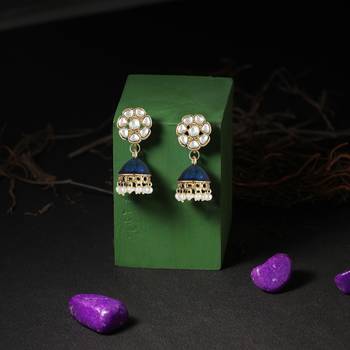 Gold plated women stone-studded blue jhumki 1