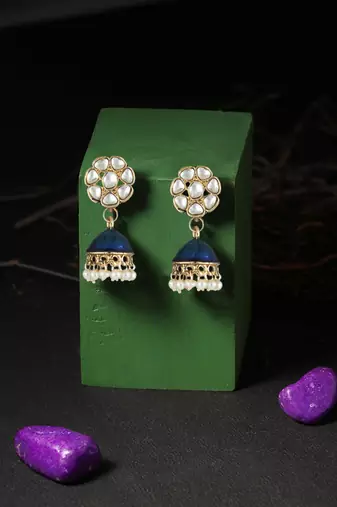 Gold plated women stone-studded blue jhumki