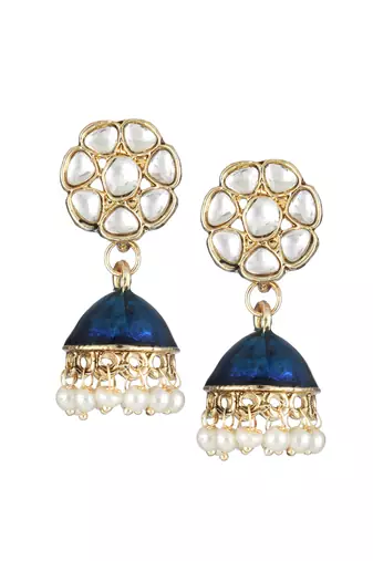 Gold plated women stone-studded blue jhumki