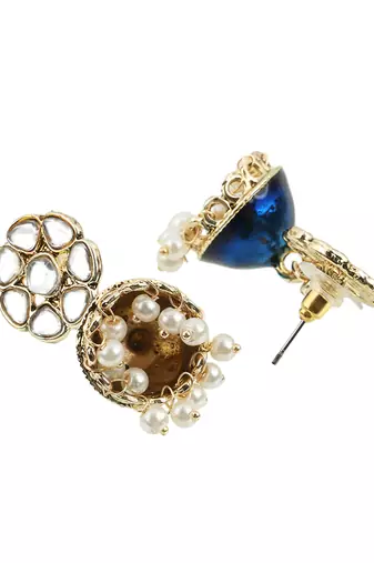 Gold plated women stone-studded blue jhumki