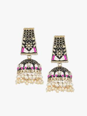 Gold plated women pink and black stone-studded big jhumka 1
