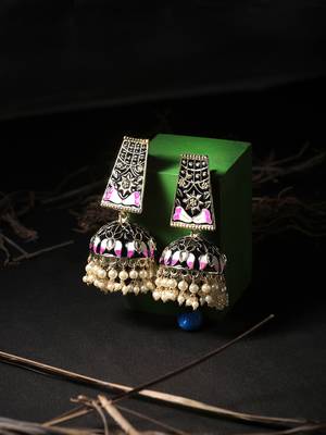 Gold plated women pink and black stone-studded big jhumka 2