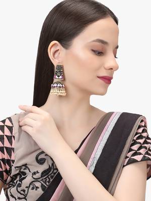 Gold plated women pink and black stone-studded big jhumka 3