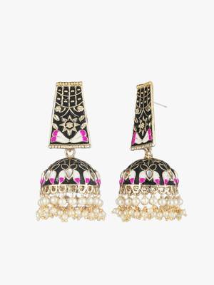 Gold plated women pink and black stone-studded big jhumka 4
