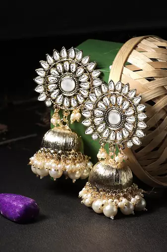 Gold plated womengolden stone-studded jhumki