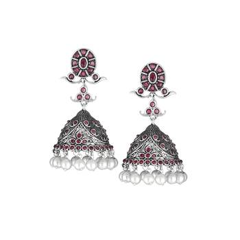 Women silver-plated handcrafted pink dome shaped jhumkas 1
